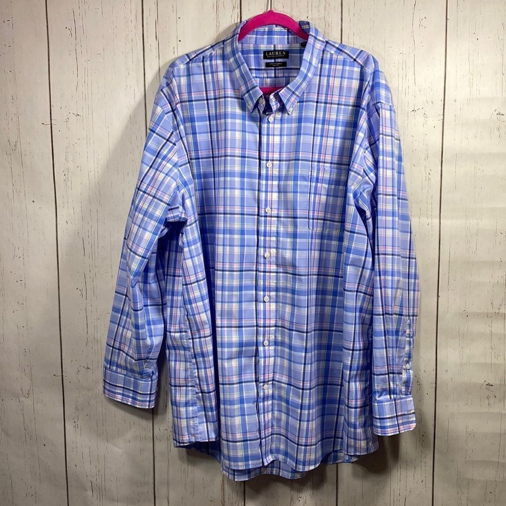 Lauren Ralph Lauren Mens Plaid Blue Long Sleeve Tall Fit Button Down Shirt